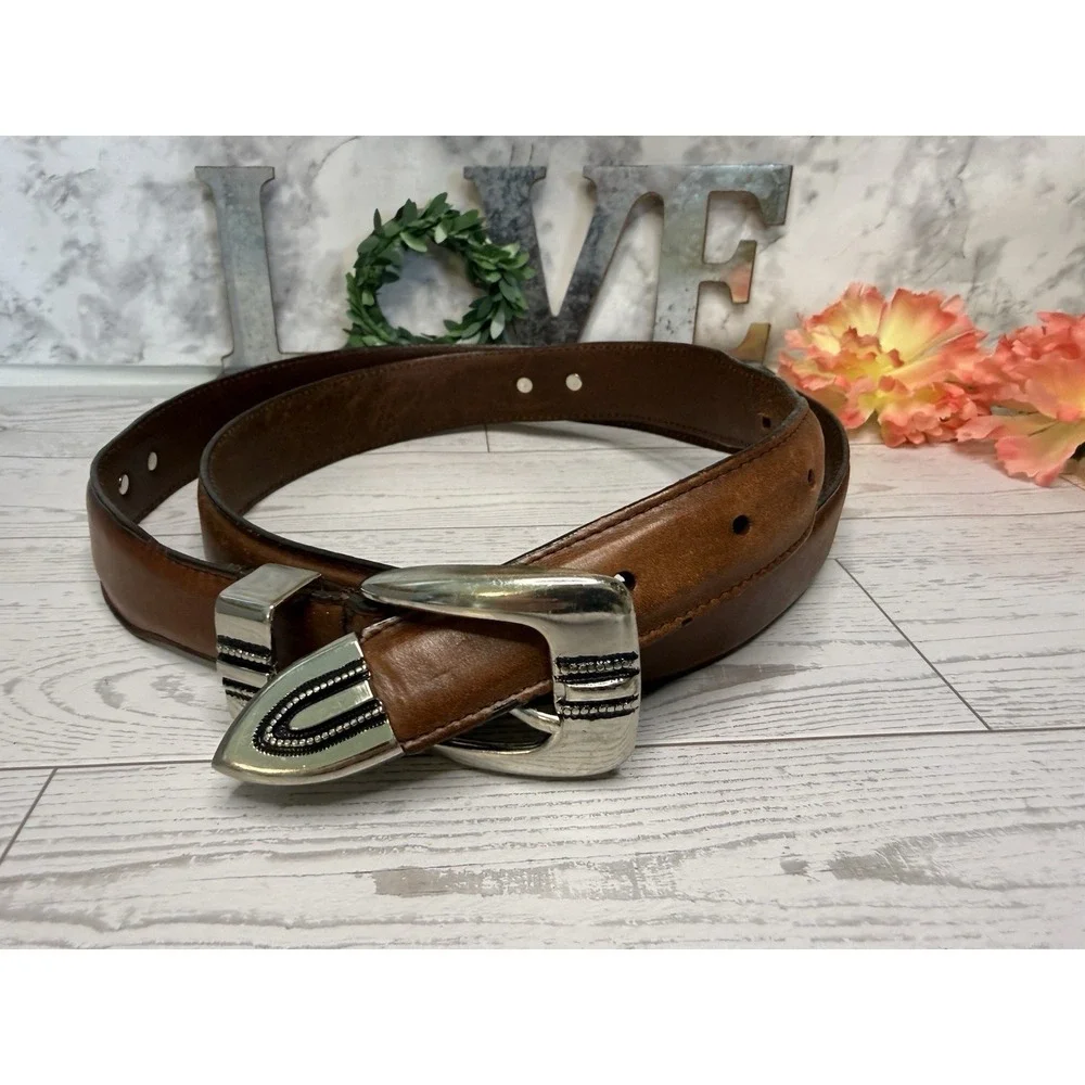 Vintage Brown Silver Tone Buckle Mens Belt Top Grain Leather Size 42 Fits to 44